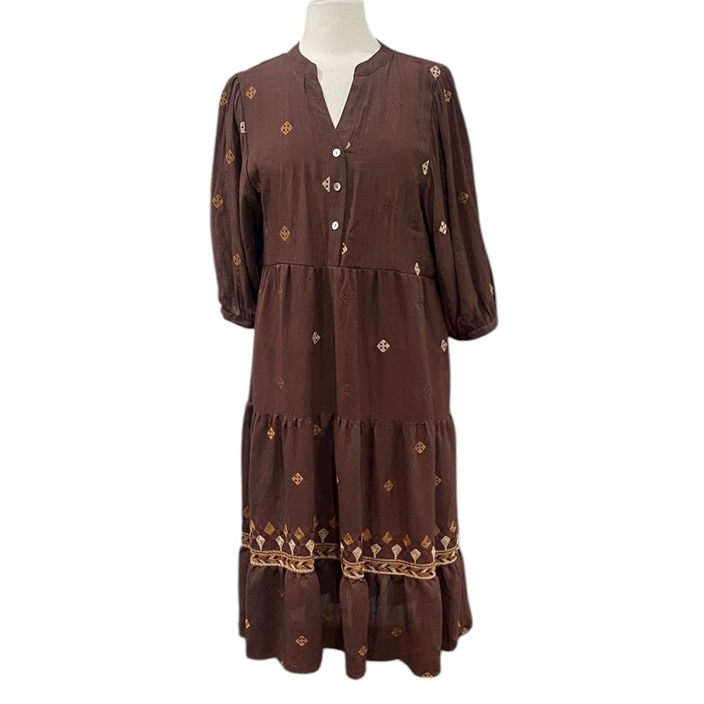 Anthropologie Fig & Flower 3/4 Sleeve Tiered Embroidered Midi Dress SZ L Brown